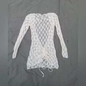 Sheer White Lace Long Sleeve Ruched Cover-Up